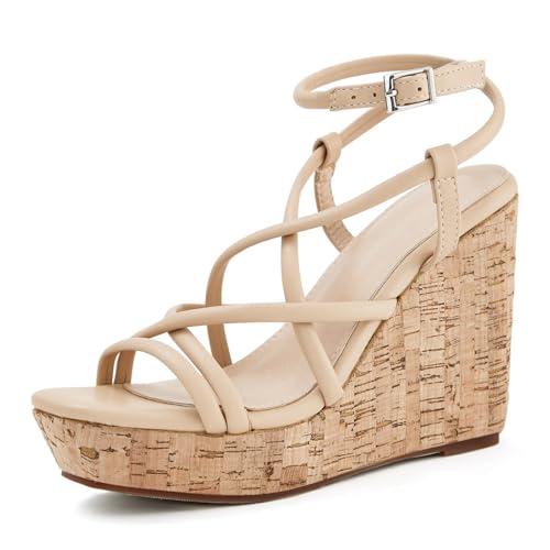 Coutgo Women Platform Wedge Sandals Cork Slingback Wedges Espadrilles Heels Summer Shoes (7, Cool Beige)