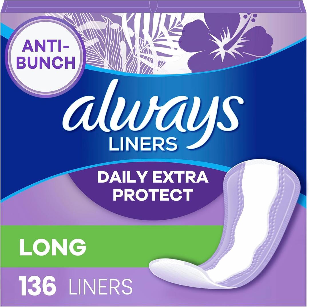 Always Anti-Bunch Xtra Protection Daily Liners, Long Length, Unscented, 136 Count