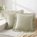 KKJIAF Ruffle Gingham Pillow Covers 20 x 20 Inches, Cotton Gingham Pillow Cases Set of 2, Linen Feel Ruffled Plaid Pillow Shams with Envelope Closure for Sofa Bed (Sage Green Plaid)