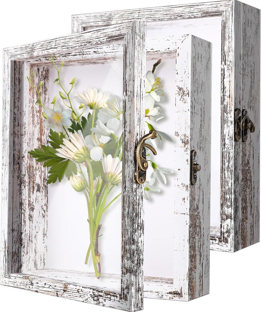 2 Pack 8x10 Shadow Box Frame, Deep Shadow Boxes Display Case, Large Keepsake Box with Unique Beads Door and Plexiglass Window Wood Memory Box for Wedding, Pictures, Medals, Memorabilia (White, 8*10)