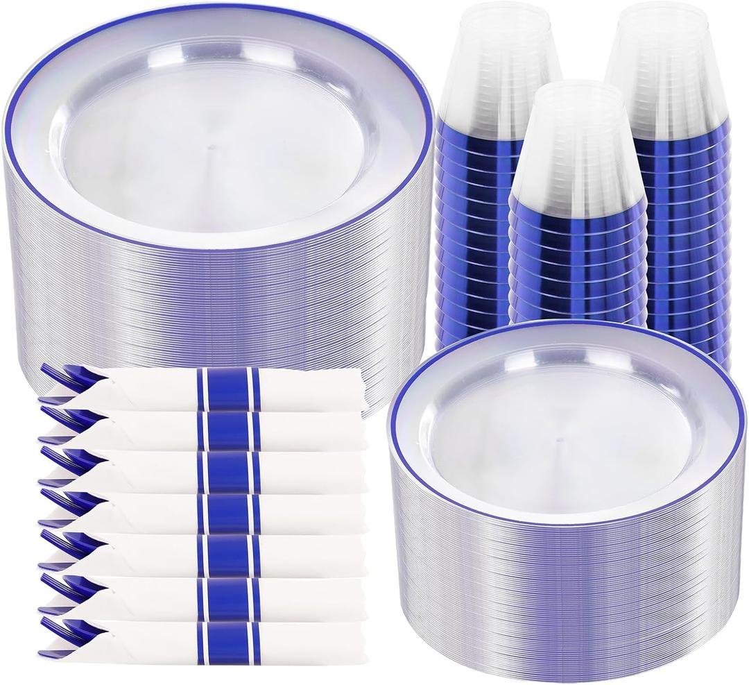 SUT 350 Pcs Blue and Clear Plastic Dinnerware Set for 50 Guests, Include: 50 Dinner Plates, 50 Dessert Plates, 50 Pre Rolled Napkins With Silverware, 50 Cups, Disposable Plates for Party, Wedding