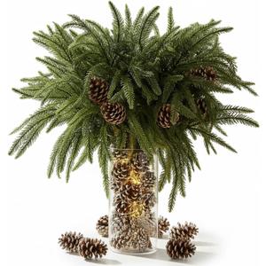 Syhood 12 Pcs 20 Inch Large Christmas Norfolk Pine Branch with 24 Pcs Pine Cones Norfolk Stems Real Touch Artificial Christmas Greenery Stems Picks Snow Pinecone for Xmas Vase DIY Craft Decor