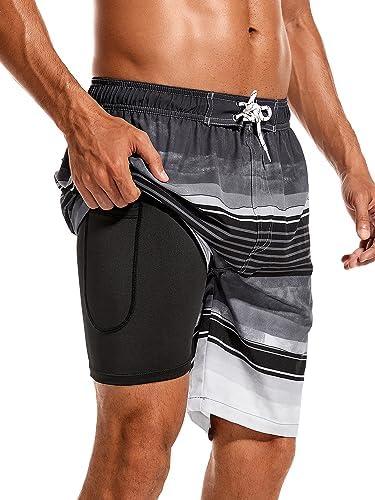 SILKWORLD Mens Swim Trunks with Compression Liner Quick Dry Board Shorts 9" Stretch Bathing Suits with 4-Hole Waistband, XL