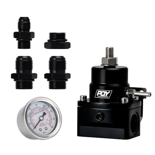 PQY Fuel Pressure Regulator AN8 Feed & AN6 Return Line + 0-160PSI Gauge Set Dark Black