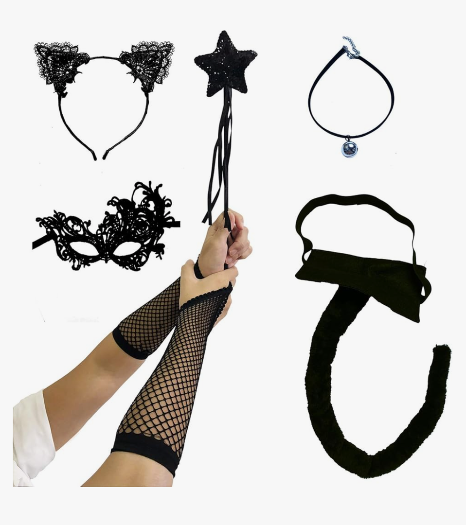 VCZONE 6 Pcs Cat Costume for Women Halloween Masquerade Black Cat Lace Ears Kitten Tail Net Gloves Necklace Mask and Star Wand