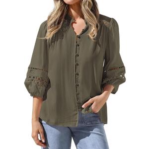 BTFBM Summer Tops for Women 2026 Eyelet Top 3/4 Length Sleeve Dressy Casual Blouses Spring Boho Button Down Shirts (Green, L)