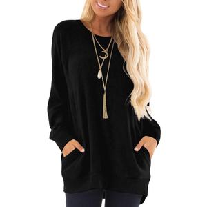 KUOTAI Womens Tunic Tops Casual Long Sleeve Blouses Fashion Crew Neck Tshirts with Pocket(Black, Large)