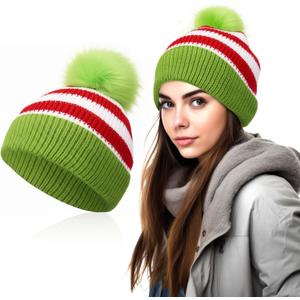 Shihanee Christmas Elf Beanie Hat with Green Furry Pompom White Red Green Striped Knitted Hats for Women Men Santa Costume Winter Accessories Party Supplies (Green)