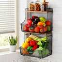 Honeydak 2 Pack Stackable Fruit Basket with Lid and Label Plate, Wall Mounted or Kitchen Countertop Metal Wire Storage for Onion, Potato, Vegetable & Produce Organizer