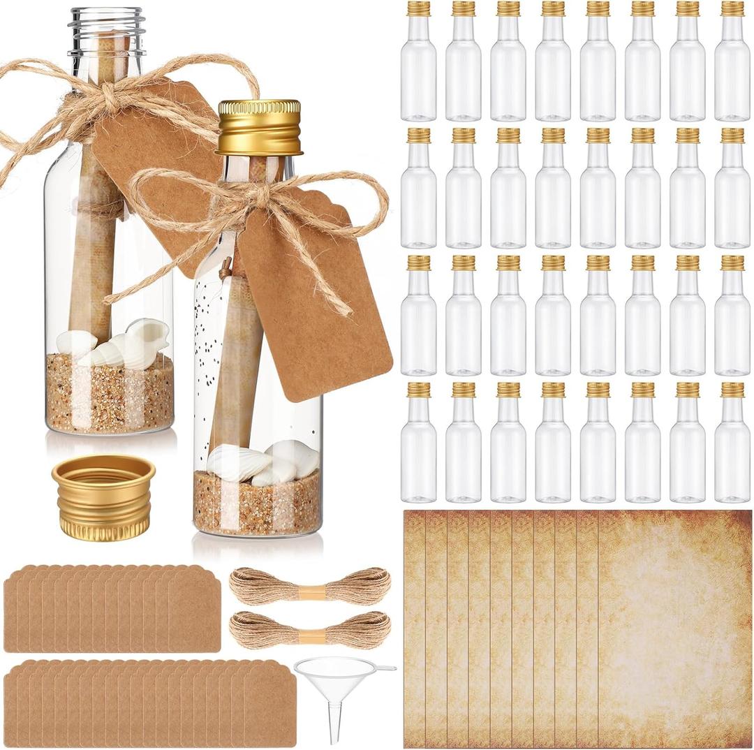 Maxdot 50 Pack 50ml Message Bottles Kit with Vintage Design Paper Plastic Transparent Bottles Brown Kraft Card Twines for Invitations Birthday Wedding DIY Crafts Gift Party Favors