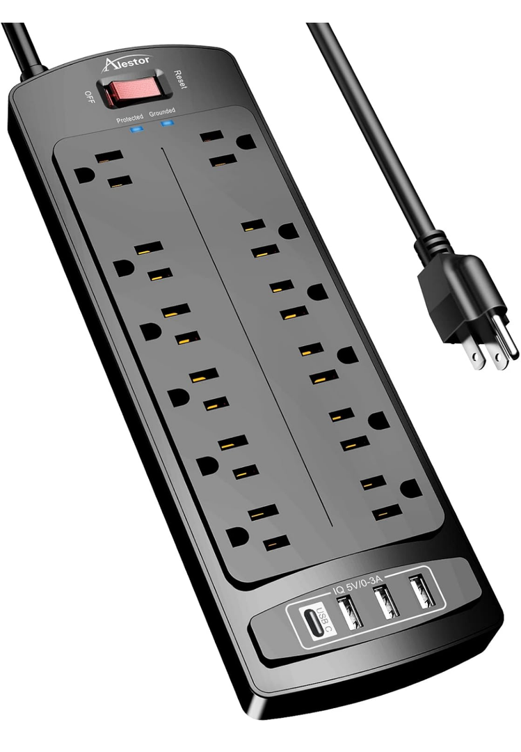 Power Strip, ALESTOR Surge Protector with 12 Outlets and 4 USB Ports, 6 Feet Extension Cord (1875W/15A), 2700 Joules, ETL Listed, Black