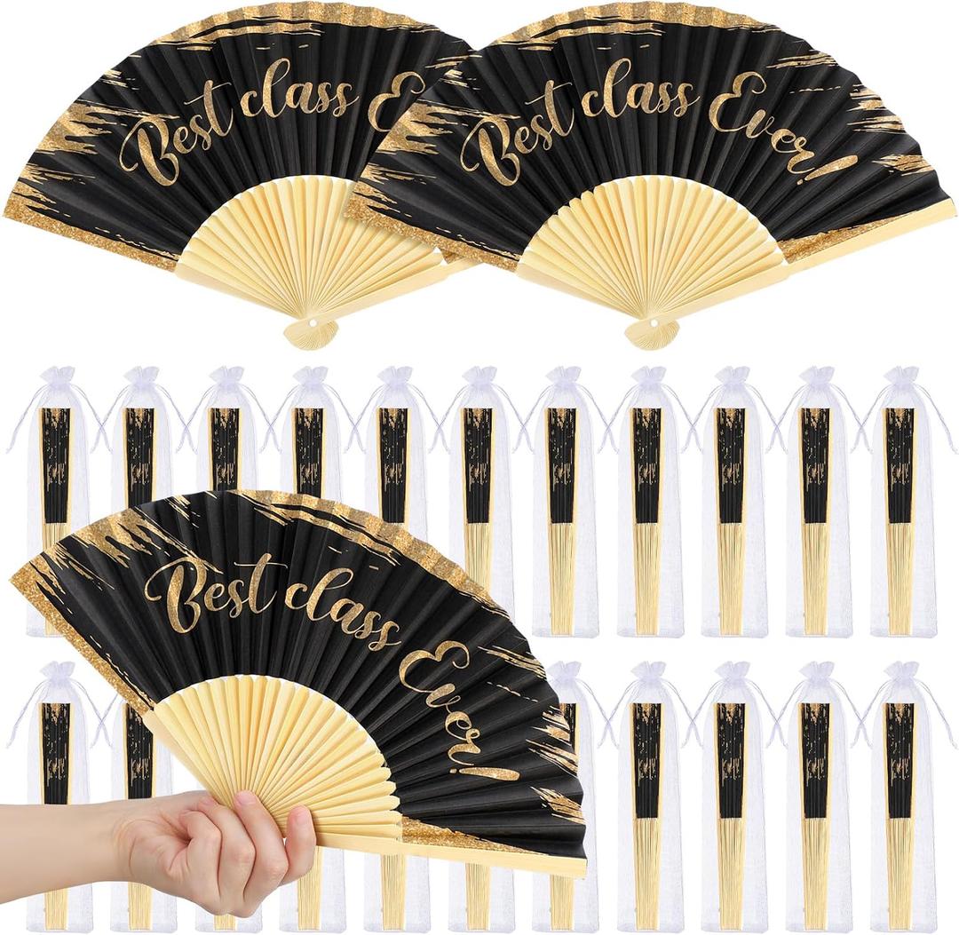 GlikCeil 20 Pcs Class Reunion Decorations 10 Year Reunion Hand Folding Fans with Organza Bags Bulk Foldable Paper Black and Gold Fans for Souvenir Party Favor Supplies Ceremony
