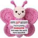 Pink Crochet Butterfly 20th Birthday Gift for Her, Handmade 4" Amigurumi Plush with Happy 20th Birthday Sign, Cute Desk Decor, Small Stuffed Butterfly for Daughter College