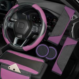 Hiseanllo 6PCS Purple Car Accessories Set, Carbon Fiber Microfiber Leather Steering Wheel Cover 14.5-15", Center Console Armrest Cover, Seat Belt Pads & Cup Holder Coasters, Universal Interior Decor