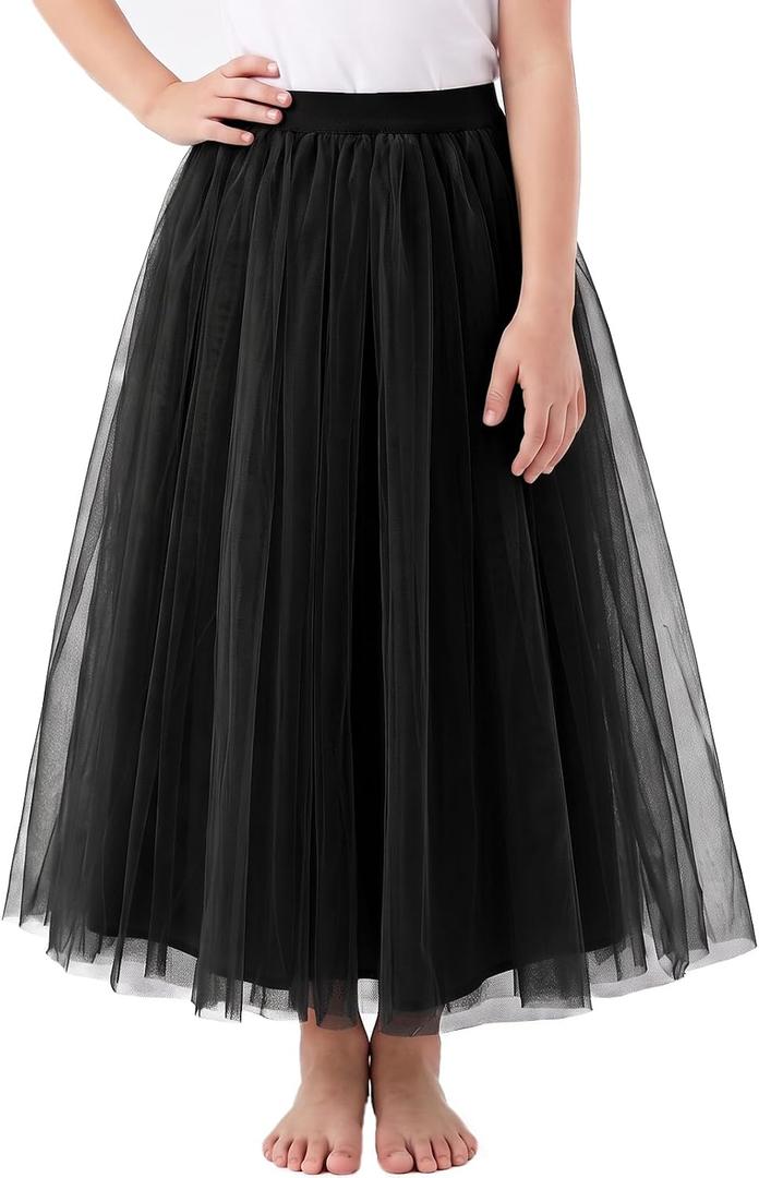 Noomlfish Kids Long Tutu Skirts Flower Girl Tulle Party Maxi Skirt (4-12 Years) (Black)