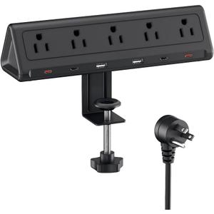 6.5 FT Desk Clamp Power Strip with 5 AC Outlets & 6 USB Ports PD 40W USB-C Fast Charging, 1250J Surge Protector, Fits 2.1 in top Edge Black