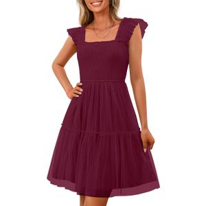 PRETTYGARDEN Womens 2025 Trendy Mini Summer Dresses Sleeveless Tulle Ruffle Square Neck Tiered Smocked Beach Vacation Dress (XL)