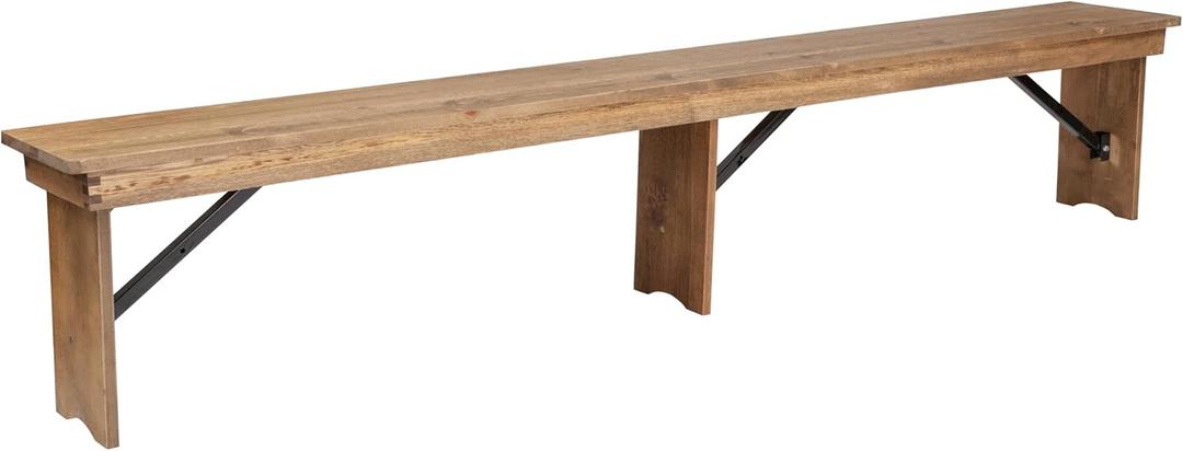 Flash Furniture Hercules Series 8' x 12' Commercial Grade Rustic Solid Pine Folding Bench, Antique Farmhouse 3 Leg Dining Bench, Seats up to 4 Adults