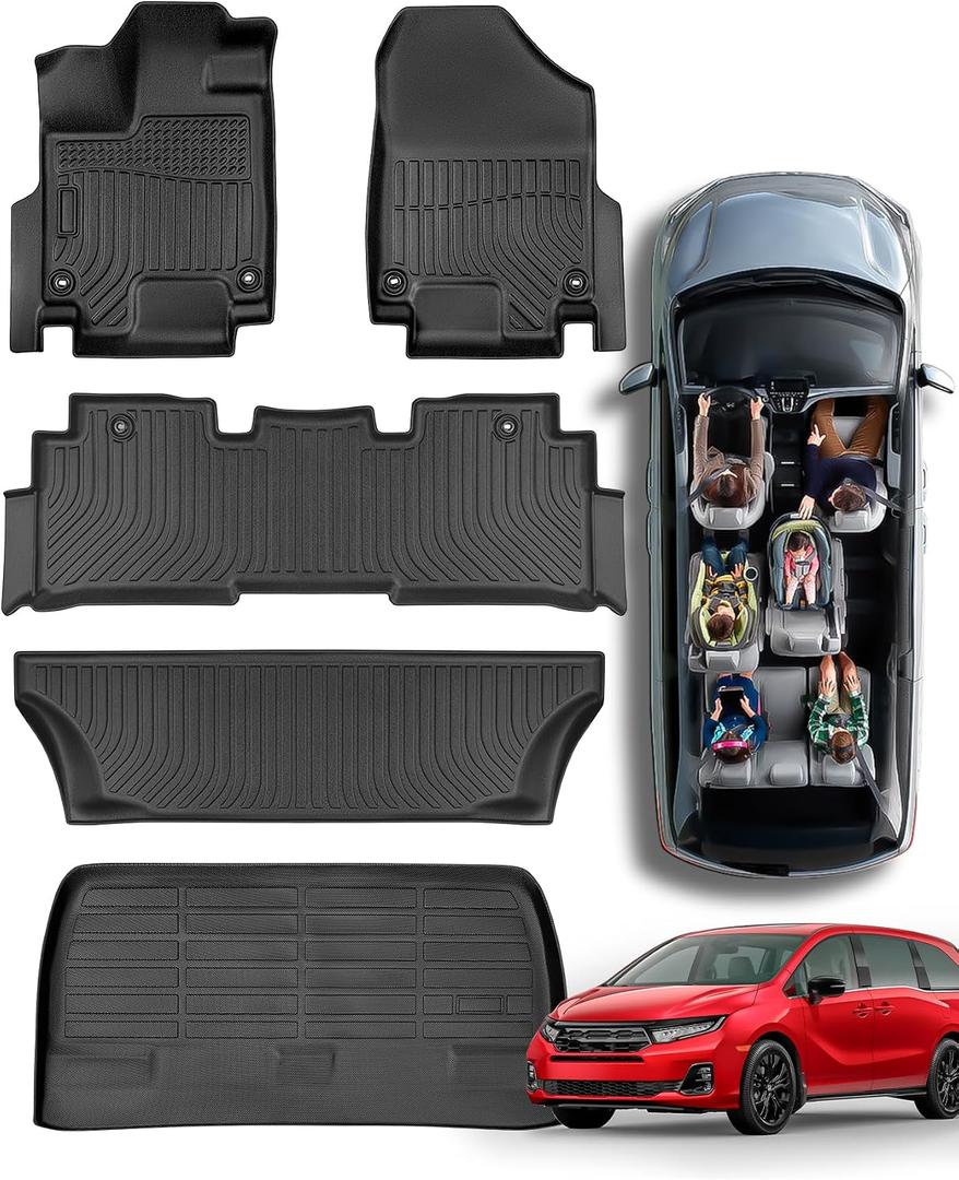 Car Floor Mats for Honda Odyssey: 2018-2026 Cargo Liner, Mini Passenger Van Accessories, All Weather 1st 2nd 3rd Row Rubber Floor Trunk Carpet for Odyssey 2018 2019 2020 2021 2022 2023 2024 2025 2026