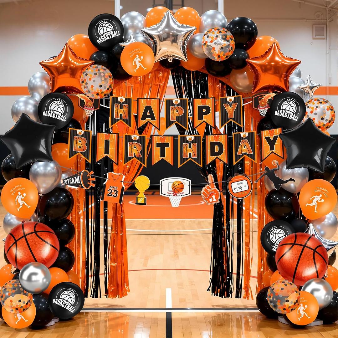 Ceenna 70 Pcs Basketball Birthday Party Decorations Basketball Party Supplies Include Balloon Arch Kit Banner 2 Orange and Black Foil Fringe Curtains Backdrop for Boys Sports Birthday Decor