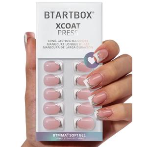 BTArtbox Press On Nails Short - Ice Veil, 3D Silver Lines White French Tip Square Press On Nails with Glue and Adhesive Tabs for Women in 16 Sizes - 32 Soft Gel Glue On Nails Kit