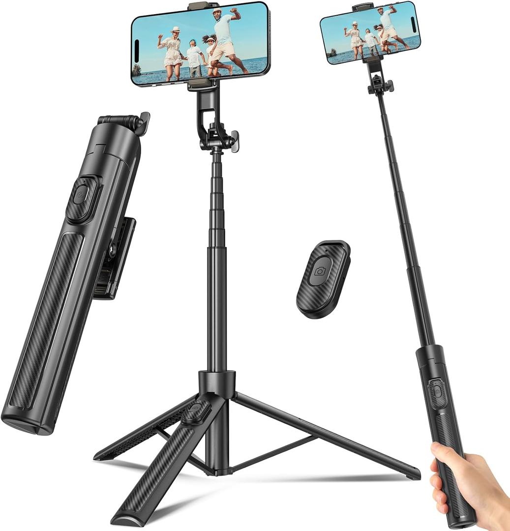 Selfie Stick Travel Tripod for Cell Phone with Remote Control and Phone Holder, Extendable Selfie Stick for iPhone, iPhone Tripod for Video Recording, 63 Inch, Black