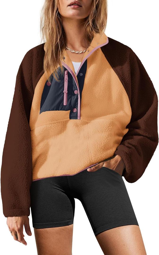 Yanekop Womens Fuzzy Fleece Pullover Sherpa Sweatshirt Long Sleeve Button Down Sweater Winter Fleece Jacket with Pockets (Large, Brown Light Orange)