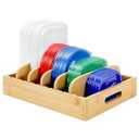 Bambition Bamboo Food Container Lids Organizer for Cabinet and Pantry, Wood Lids Holder with 5 Adjustable Dividers