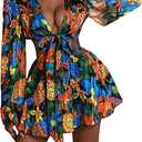 No Brand Women's Sexy Summer Tropical Mini Dress Y2K Deep V Cut Out Dresses Long Bell Sleeve Vacation Tie Front Sundress L, Multicolored