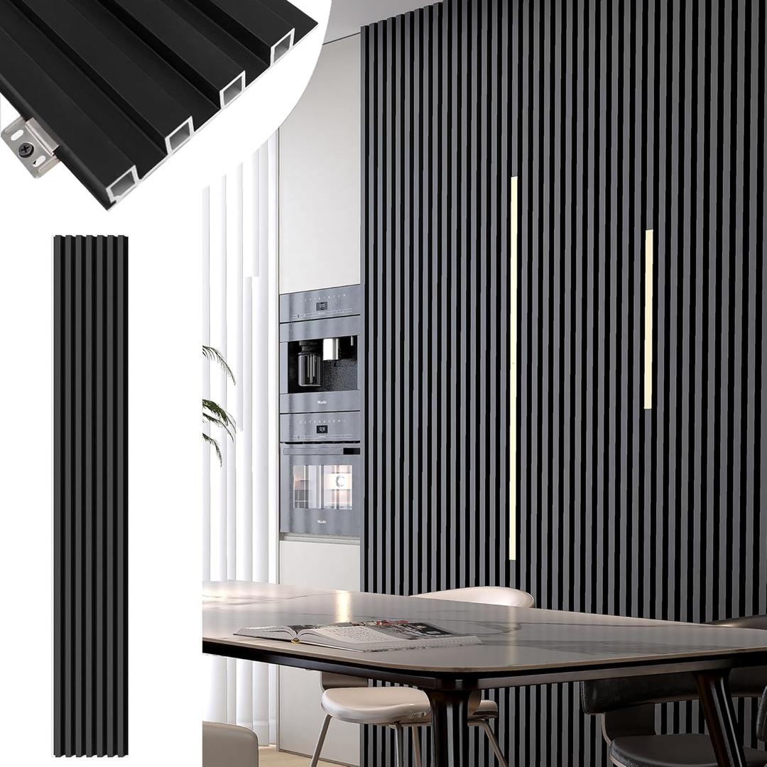 Black Wall Panels for Interior Decor 96x6.6in 8Pack WPC Wall Panel Waterproof Matte Finish Black 3D Accent Wall for Living Room Bedroom Hall Office, 33.6 sq.ft Coverage Slat Wall Paneling