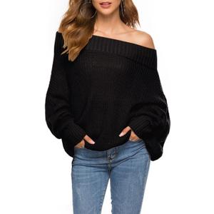 GOLDSTITCH Women's Off Shoulder Batwing Sleeve Loose Oversized Pullover Sweater Knit Jumper (Black, Small)