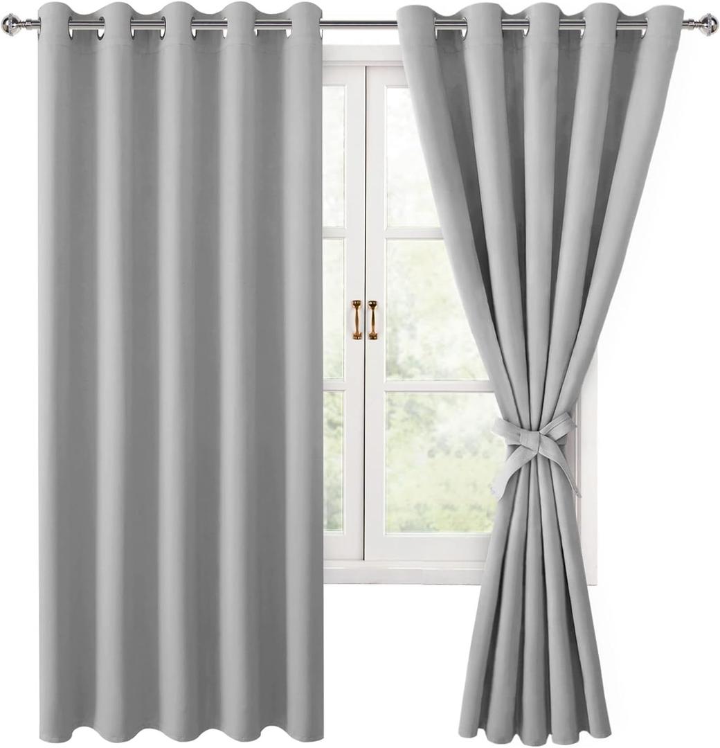 Hiasan Blackout Curtains for Bedroom, 60 x 63 Inches Length - Thermal Insulated & Light Blocking Window Curtains for Living Room, 2 Drape Panels Sewn with Tiebacks, Silver Grey