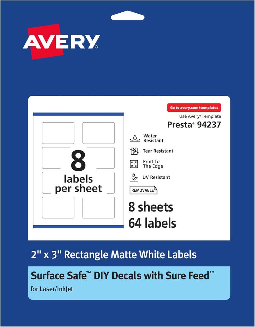 Avery Durable Removable Rectangle Labels, Sure Feed Technology, 2" x 3", Matte White Film, Water-Resistant, Print-to-The-Edge, Laser/Pigment-Based Inkjet Printable, 64 Total