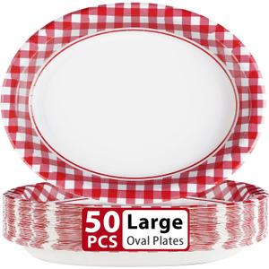 50Pcs Gingham Oval Paper Plates 10" x 12" Large Disposable Heavy Duty Red and White Buffalo Checked Plaid Dessert Platter Sturdy Plate for Summer Pizza BBQ Picnic Crawfish Boil Birthday Party Supplies