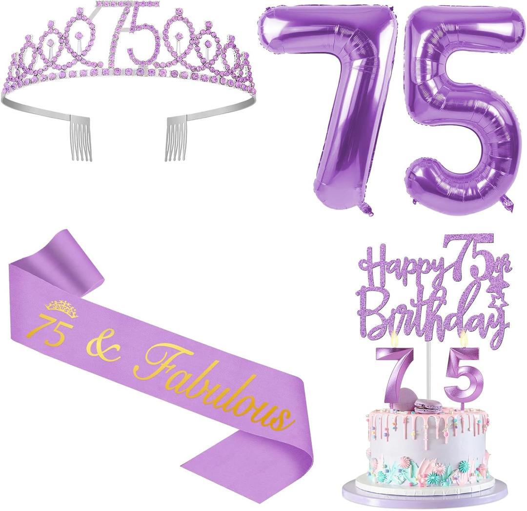 75th Birthday Decorations for Women Purple with 75th Birthday Sash and Crown, Cake Topper and Candles, Number Balloons, 75 Year Old Gifts for Women