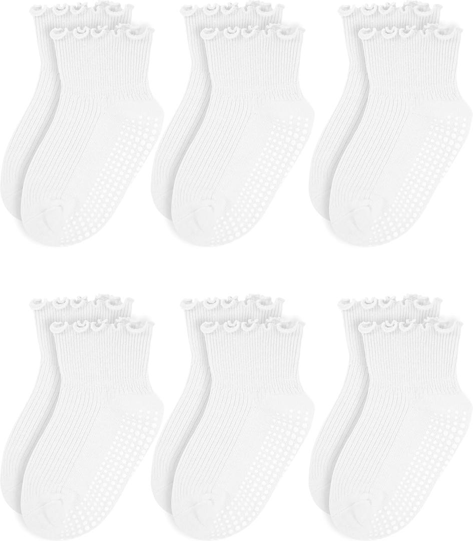 Baby Ruffle Socks - Toddler Girls Non-Slip Socks with Grips - Indoor Soft Cotton Frilly Ankle Sock (White)