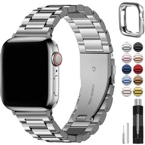 Fullmosa Compatible Apple Watch Bands 45mm 44mm 42mm 46mm 49mm 41mm 40mm 38mm, Metal iWatch Band with Case for Apple Watch Series 9 8 7 6 5 4 3 2 1 SE 10 Ultra, 42mm 44mm 45mm Silver