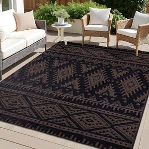 OLANLY Outdoor Rug Waterproof 4x6 ft, Reversible Outdoor Plastic Straw Rug, Boho Patio Rug, Indoor Outdoor Carpet, RV Mat Outside for Patio, Camp, Picnic, Balcony, Deck, Backyard, Black & Brown