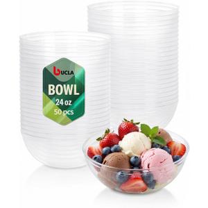 bUCLA 50 Pack Clear Plastic Serving Bowls - 24oz Disposable Salads, Cereal, Fruit, Dessert & Soup Bowls for Wedding & Party