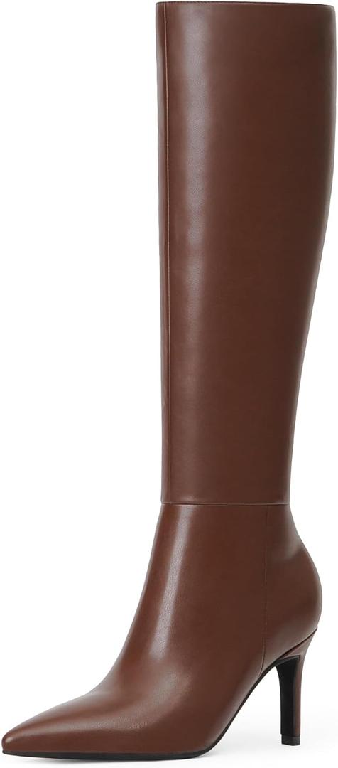 Modatope Knee High Boots Women Pointed Toe Tall Boots Stiletto High Heel Long Boots Side Zipper Dress Fashion Boots Shoes (6.5, Brown Pu)