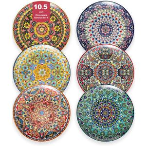 Dinner Plate Set of 6, 10.5-inch Large Plate for Dessert, Pasta, Salad, Ceramic Bohemian Dishes for Kitchen Microwave Dishwasher Safe