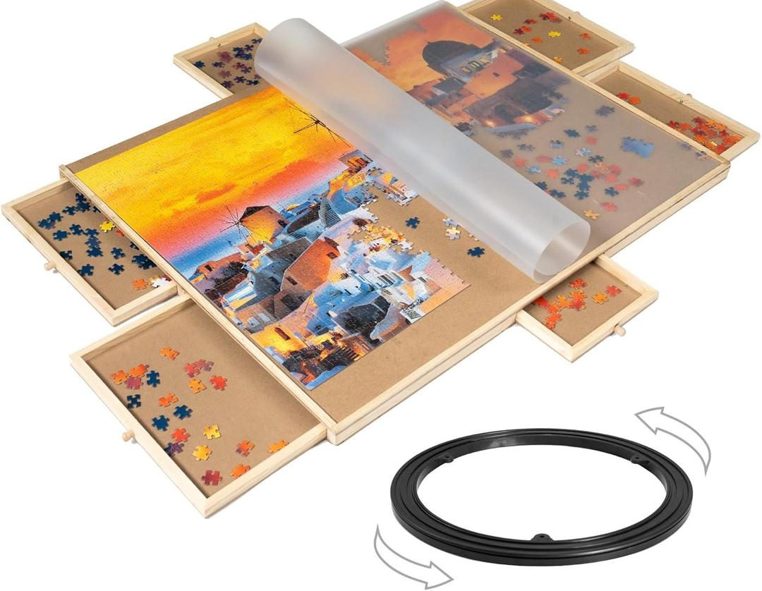 Rotating Puzzle Board with Drawers - Holds Up to 1500 Pieces | Puzzle Table with 6 Drawers for Sorting and Organizing, Sturdy Construction, and Protective Cover
