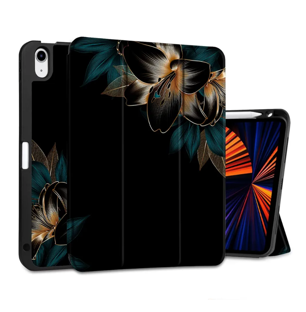 MEEgoodo Case for iPad Air 11 inch (M3) 2025/ (M2) 2024, Cover for iPad Air 5th Generation/iPad Air 4th Generation 10.9 inch 2022 2020, Tablet Cases with Pencil Holder, Golden Lilies