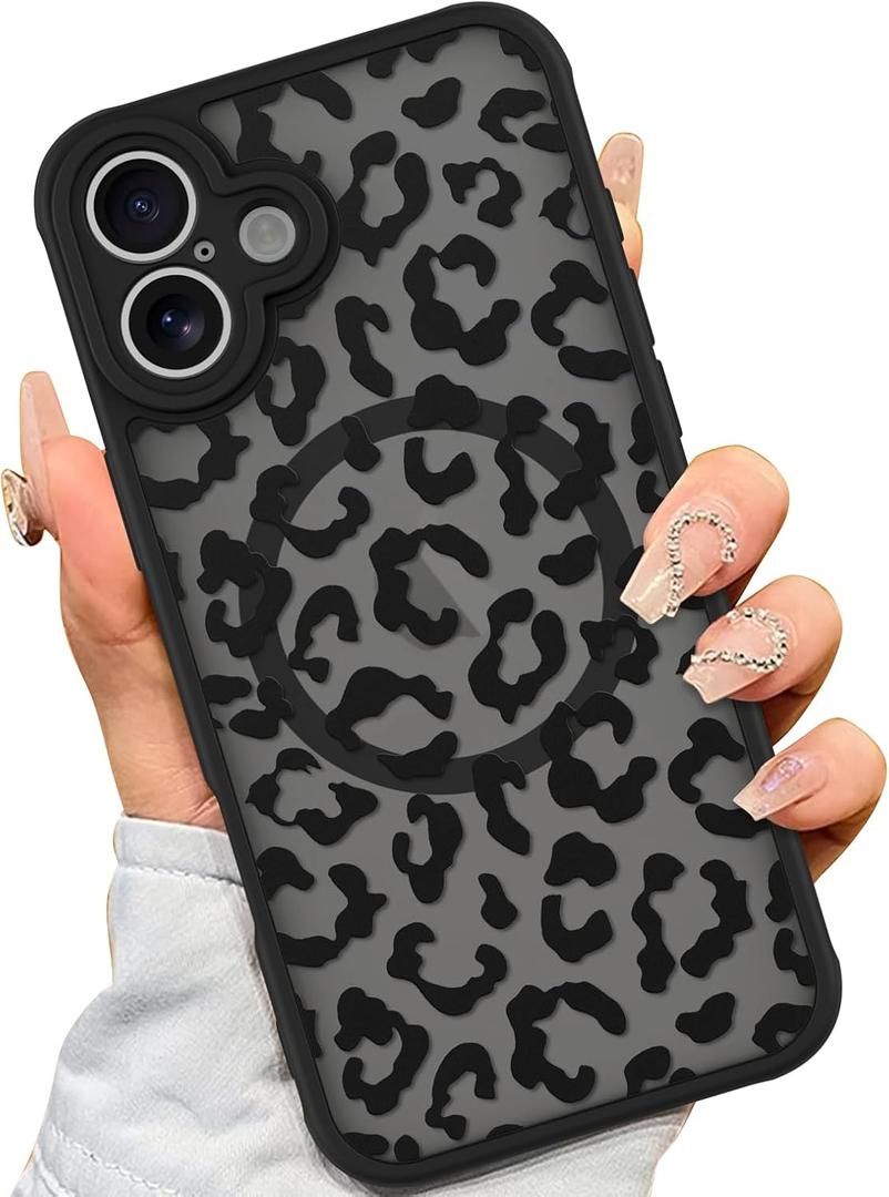 AIGOMARA Case for iPhone 16 [Compatible with MagSafe] Black Leopard Pattern Design for Women Girls Men Soft TPU Bumper Hard PC Back Anti-Fall Shockproof Protective Slim Mganetic Cover