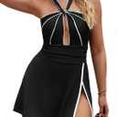 Zilcremo One Piece Swim Dress Tummy Control Swimsuits for Women Cutout Color Block Halter Skirted Bathing Suit (XL)