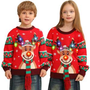 Ugly Christmas Sweater Women Men,Light Up Christmas Sweater for Couples,Funny Cute Reindeer LED Xmas Tacky Sweaters (11-12 Years, Red)