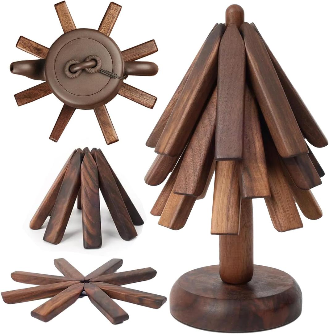 A Tree Design Trivet Mats Set of 3, Foldable Walnut Wood Kitchen Hot Pads Trivet,Folding Tree Shape Black Walnut Wood Table Mat, Trivet Set Wood Coasters for Teapot Hot Pots