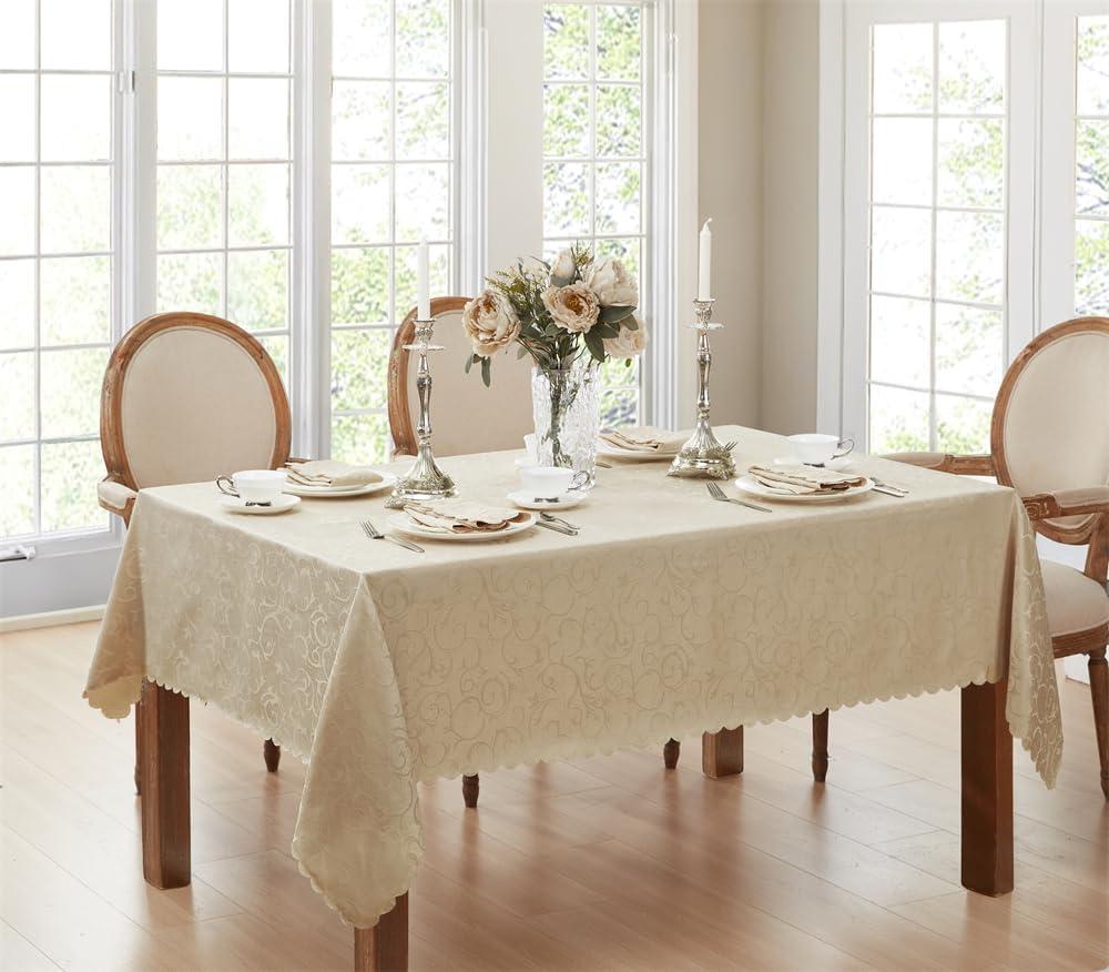 Newbridge Spring and Easter Portofino Scalloped Damask Fabric Tablecloth, 52 x 52 Inch Square, Linen, Wrinkle and Stain Resistant Fine Dining Holiday Party Table Cover