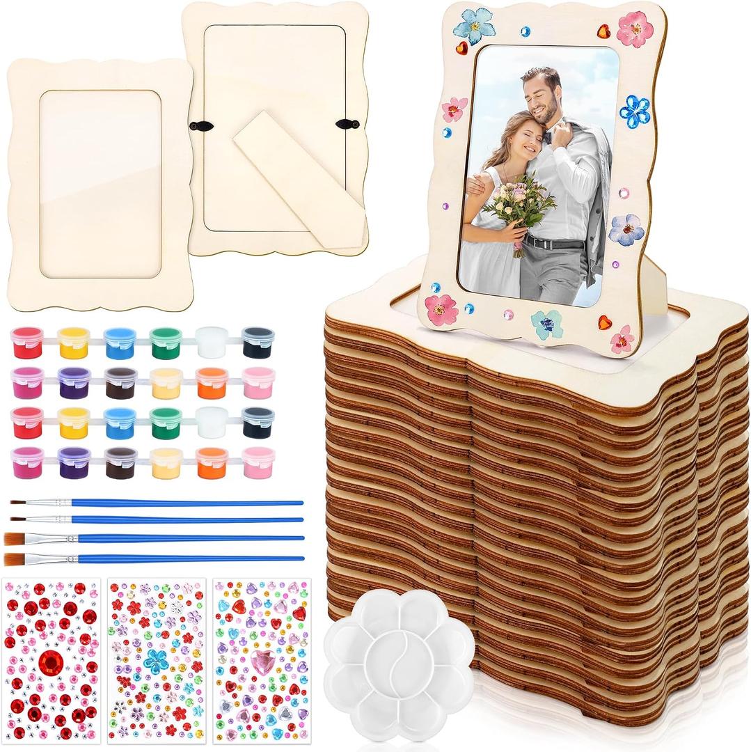 Fovths 24 Pcs Wooden Picture Frames, 7.5" x 5.5" Unfinished Wood Photo Frames with Stand, DIY Wooden Craft Frame with Stickers Painting Tools for Craft Paint and Decorate, Tabletop Display