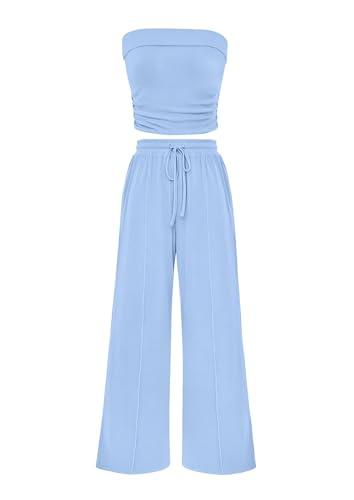 PRETTYGARDEN Womens Summer Outfits 2 Piece Sets Casual Ribbed Knit Crop Tube Top Wide Leg Pants Spring Matching Lounge Set (Light Blue,X-Large)